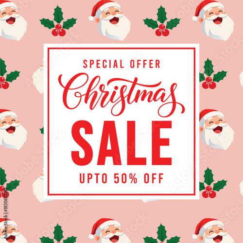 Festive Christmas sale banner with cheerful cartoon Santa faces on a soft pink background and bold red typography promoting special offer discount, ideal for holiday marketing, social media ads and re