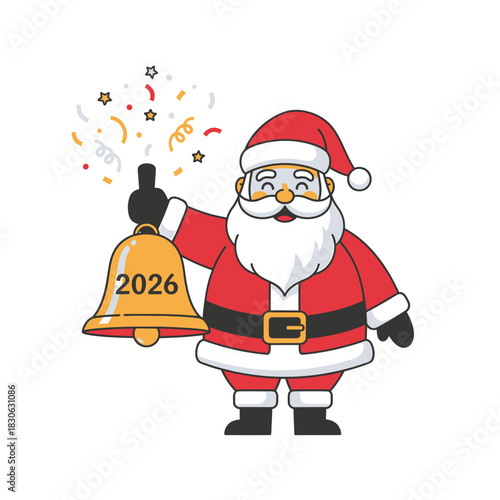 Santa Claus ringing a bell for the New Year 2026, celebrating with confetti and stars