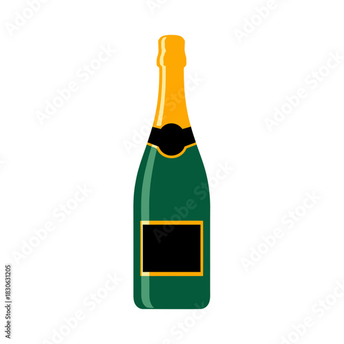 A bottle of sparkling wine with a gold cap and a black label on a white background
