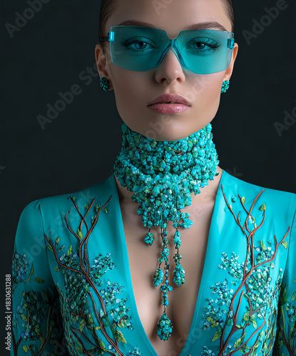 Elegant woman wearing turquoise attire and oversized sunglasses, adorned with intricate jewelry, showcasing a striking fashion statement in a minimalist setting with a dark background