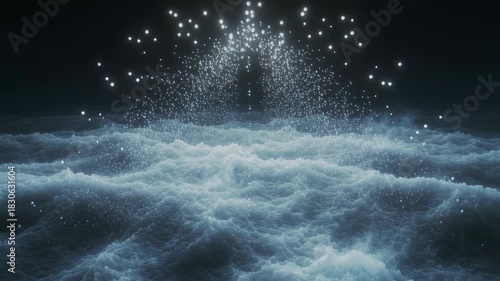 Ethereal night scene of glowing particles cascading over dark ocean waves, creating a mesmerizing display of light and motion in a serene, mystical atmosphere under a starry sky: waves