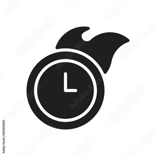 Deadline black icon. Time, clock, watch symbol. Urgency, limit concept. Fire, flame sign. Vector illustration. Editable stroke. Flat design. Isolated on a white background.