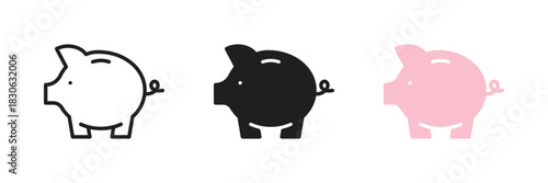Piggy bank icon set. Savings, moneybox sign, symbol. Money, finance, investment, business concept. Black, pink color. Vector illustration. Editable stroke. Flat design. Isolated on a white background.
