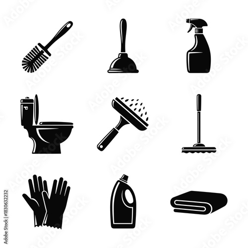 Bathroom Cleaning Supplies and Tools Including Toilet Brush Plunger Spray Bottle Toilet and Mop Keywords: toilet brush, plunger, toilet, cleaning, spray bottle, cleaning spray, window cleaner