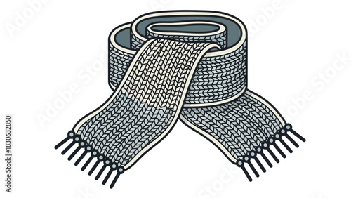 A detailed and stylish isometric illustration of a cozy knitted winter scarf with tassels, elegantly rolled up and isolated on a white background