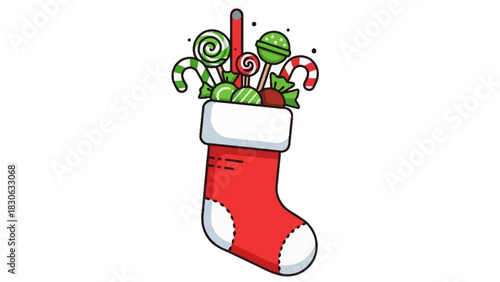 A cheerful cartoon illustration of a red Christmas stocking brimming with sweet holiday treats like candy canes and lollipops