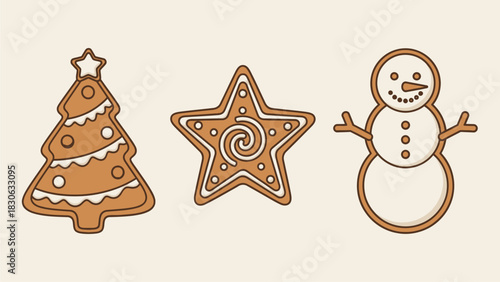Illustrated set of classic holiday gingerbread cookies. Includes festive Christmas tree, star, and snowman shapes with sweet icing