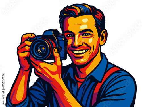 cheerful man aiming a DSLR camera, ideal for photography, content creation, and creative industry themes. Generative ai vector colorful pop art illustration.