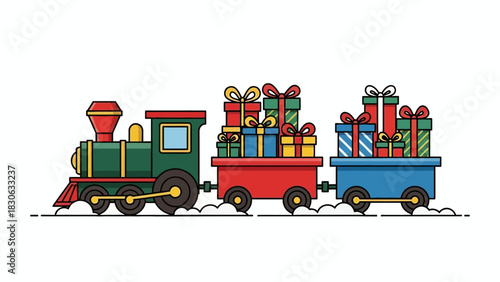 Festive train carrying colorful gift boxes, perfect for Christmas and holiday season celebrations