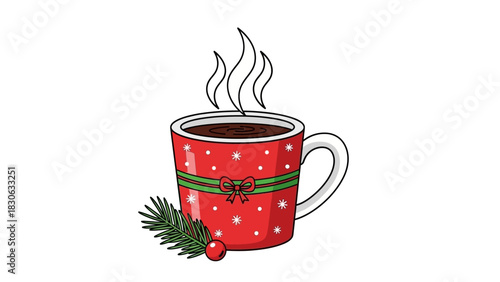 Illustration of a festive red Christmas mug with hot chocolate, decorated with a pine sprig, embodying cozy winter warmth