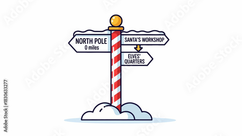 North Pole Signpost Pointing to Santa's Workshop and Quarters in Snowy Landscape