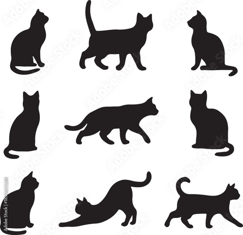 Black Cat Silhouette Vector Collection in Various Poses - Pet and Animal Icons