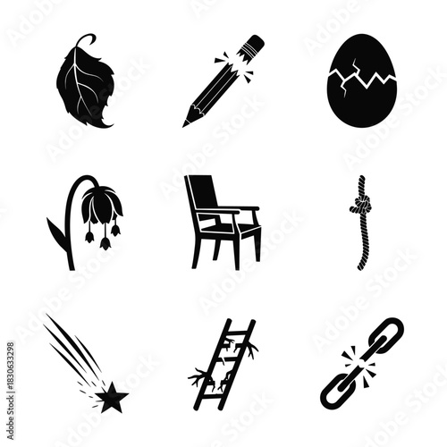Collection of black silhouette icons depicting broken or damaged items and concepts leaf pencil