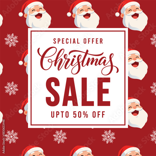 Festive Christmas sale banner with cheerful cartoon Santa faces on a bright red background and bold typography promoting special offer discount, perfect for holiday marketing, social media ads and ret