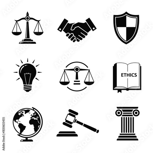 Collection of justice and law related black silhouette icons scales handshake