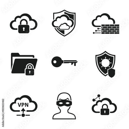 Cybersecurity and data protection icons in a grid cloud