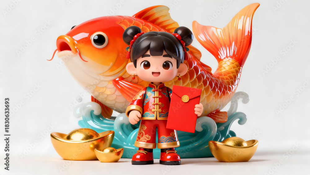 Fototapeta premium Girl embracing a koi pillow for New Year celebration