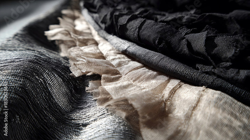 Close-up view of layered fabric textures featuring black, gray, and beige materials, showcasing intricate details and soft folds, ideal for fashion design and textile applications