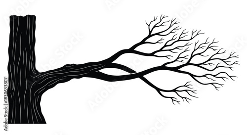Silhouette of Tree Trunk and Branches Bent by Strong Wind, Dramatic Weather and Nature Resilience Vector Illustration