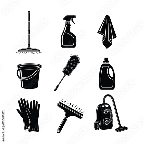 Set of cleaning supplies icons with mop vacuum cleaner and spray bottle Keywords: mop, bucket, cleaning, spray bottle, cleaning fluid, towel, hanging, dustpan, duster, feather duster, detergent