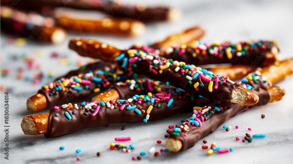 Fototapeta premium Crunchy pretzel sticks dipped in glossy melted chocolate, colorful sprinkles on top, arranged creatively on marble surface