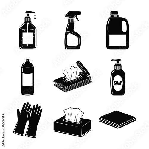 Black silhouette icons of cleaning and hygiene products on a white background Keywords: cleaning, hygiene, soap dispenser, spray bottle, cleaning fluid, aerosol can, wet wipes, gloves, tissue box