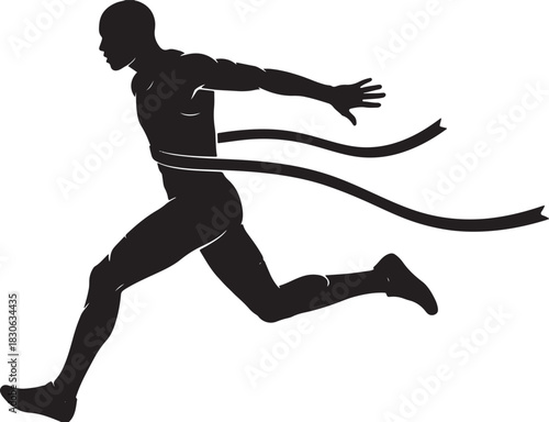  Black silhouette of runner crossing finish line on white background, vector.
