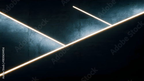A minimal night facade with two perpendicular neon lines creating simple abstract geometric light forms