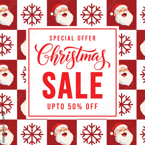 Festive Christmas sale banner with cheerful cartoon Santa faces on a bright red background and bold typography promoting special offer discount, perfect for holiday marketing, social media ads and ret