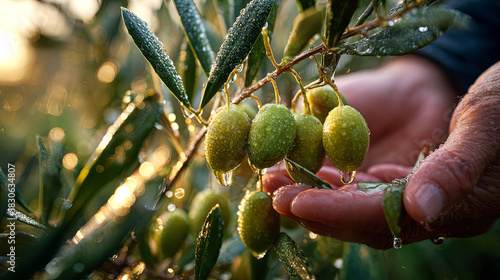 Close-up of a hand gently holding ripe green olives on a branch, glistening with dew, surrounded by lush green leaves in a serene natural setting
