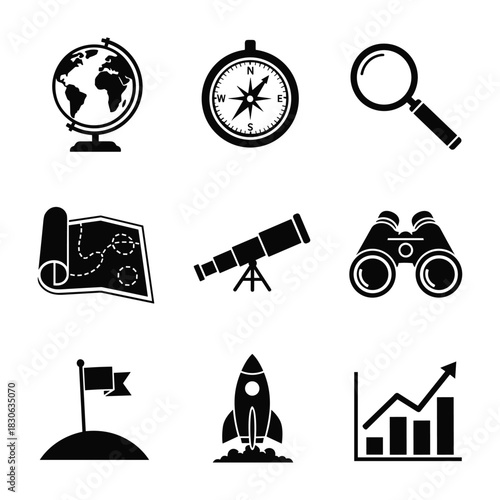 Set of nine black silhouette icons for travel, exploration, and business growth Keywords: globe, world, earth, map, compass, navigation, direction, search, magnifying glass, lens, discovery