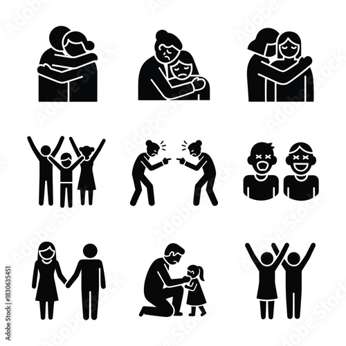 Human Emotions and Relationships Icons with Hugging Arguing and Celebration