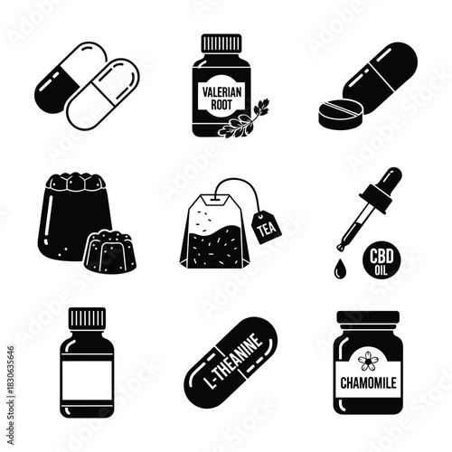 Natural Health and Supplement Icons with Valerian Root Chamomile and CBD Oil