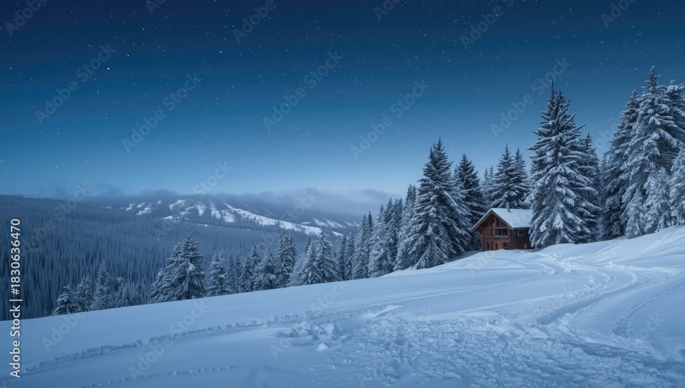Fototapeta premium Snow-covered pine trees surrounding a wooden mountain house during winter, emphasizing seasonal frost and landscape preservation