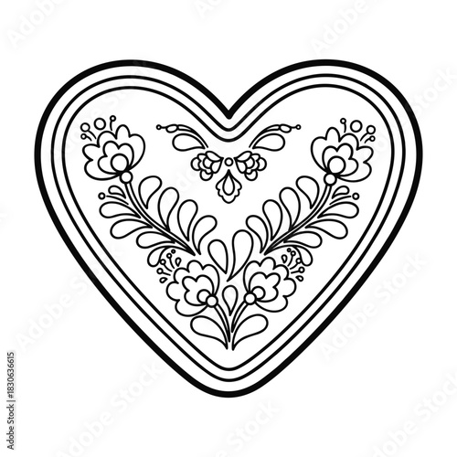 Black and white heart with floral folk art design on white background Keywords: heart, love, floral, folk art, ornament, decoration, design, symbol, graphic, illustration, black and white, outline