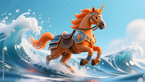 Fototapeta Naklejka Na Ścianę i Meble -  A powerful armored steed charging across stylized waves