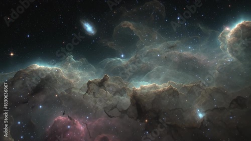 Stunning cosmic nebula scene with swirling gas clouds and distant galaxies, showcasing vibrant colors and intricate textures in deep space, illuminated by starlight, captured with a wide-angle lens