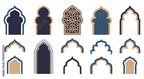Islamic and Moroccan arch designs, diverse arch shapes and intricate motifs, suitable for decorative backgrounds, architectural concepts, cultural illustration, Islamic patterns