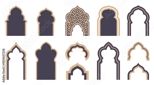 Islamic and Moroccan arch designs, diverse arch shapes and intricate motifs, suitable for decorative backgrounds, architectural concepts, cultural illustration, Islamic patterns