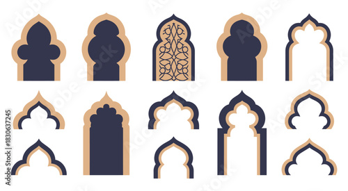 Islamic and Moroccan arch designs, diverse arch shapes and intricate motifs, suitable for decorative backgrounds, architectural concepts, cultural illustration, Islamic patterns