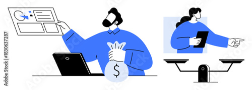 Professionals reviewing data, managing finances with laptop and money bag, deciding balance. Ideal for leadership, finance, strategy, teamwork, business analysis, growth simple flat metaphor