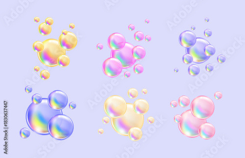 Colored bubbles with fizzy sparkles on transparent background. Vector texture of bubble gum and collagen bubbles for dreamy design.