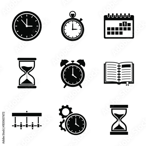 Collection of Black Icons Representing Time and Scheduling clock calendar