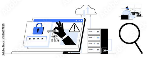 Laptop displaying lock and warning signs with a hand holding keys, server tower, cloud, and magnifying glass. Ideal for cybersecurity, hacking, data protection, online security, risk mitigation IT