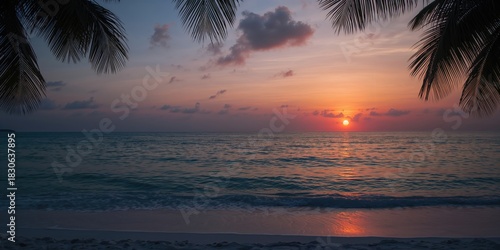 Fototapeta Naklejka Na Ścianę i Meble -  Sun setting over the ocean horizon in the Maldives Baa atoll, natural landscape scene for environmental awareness