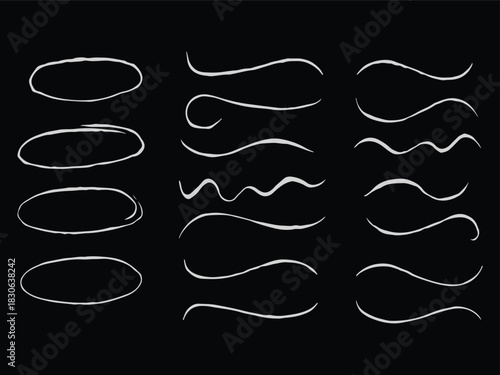 Hand drawn chalk circles and lines set. White pastel underlines and strokes collection. Wavy crayon brushstroke bundles. Rough sketch marks and highlights for divide, separate and emphasis vector art 