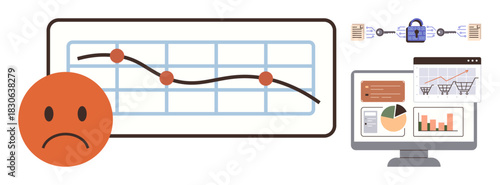 Downward graph with sad face, computer screen displaying analytics, and data security visuals. Ideal for business loss, data analysis, financial trouble, digital security, e-commerce trends, economic