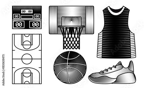 basketball sport equipment engraved style vector illustration set basket ball hoop backboard scoreboard jersey court and shoe black and white