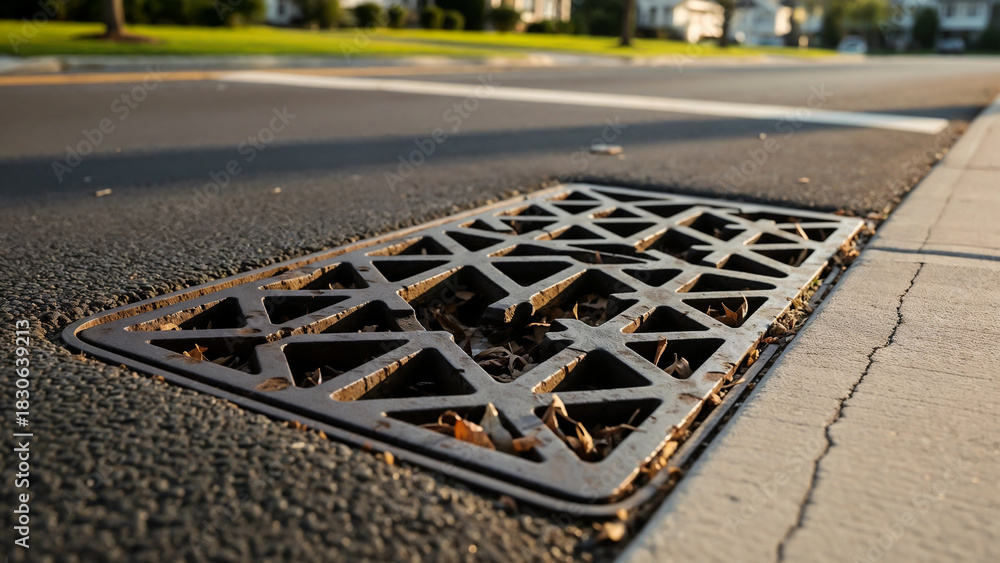Fototapeta premium Decorative storm drain cover on road – symbol of blending function with design