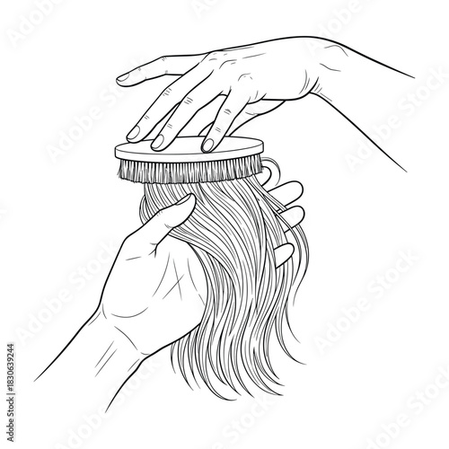 Hands Brushing Long Hair With Hairbrush Close Up Line Art Illustration vector